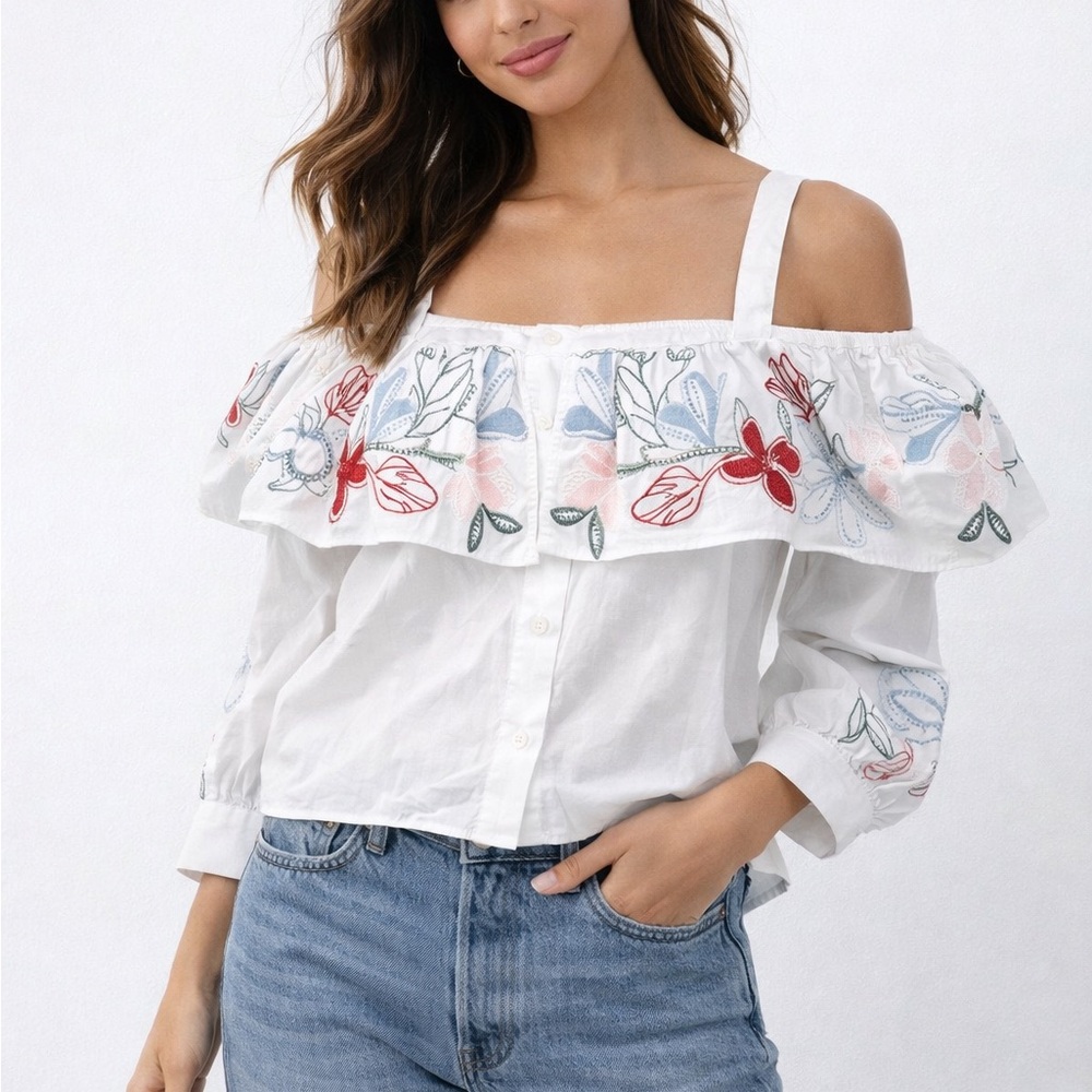 Parker White Off-Shoulder Embroidered Blouse with Red, Blue & Pink Accents